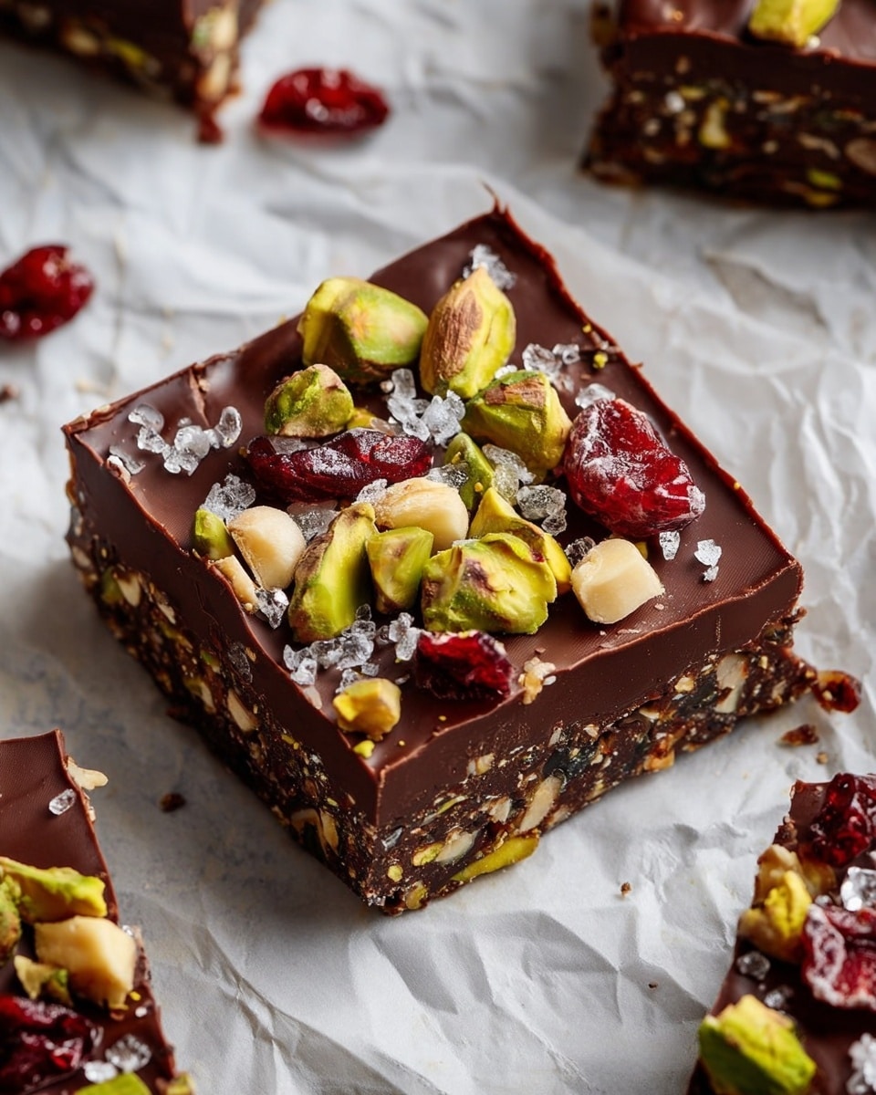 The image shows several square chocolate bars placed on crinkled white parchment paper over a white marbled surface. Each bar has two visible layers: a rough, nutty, and textured bottom layer mixing brown and green tones, and a smooth, glossy dark chocolate top layer. The top is decorated with scattered pieces of green pistachios, red dried cranberries, and small chunks of light brown nuts, all sprinkled lightly with coarse white sea salt. The edges of the bars are sharp and clean, with some crumbs and nut pieces near the bars. photo taken with an iphone --ar 4:5 --v 7