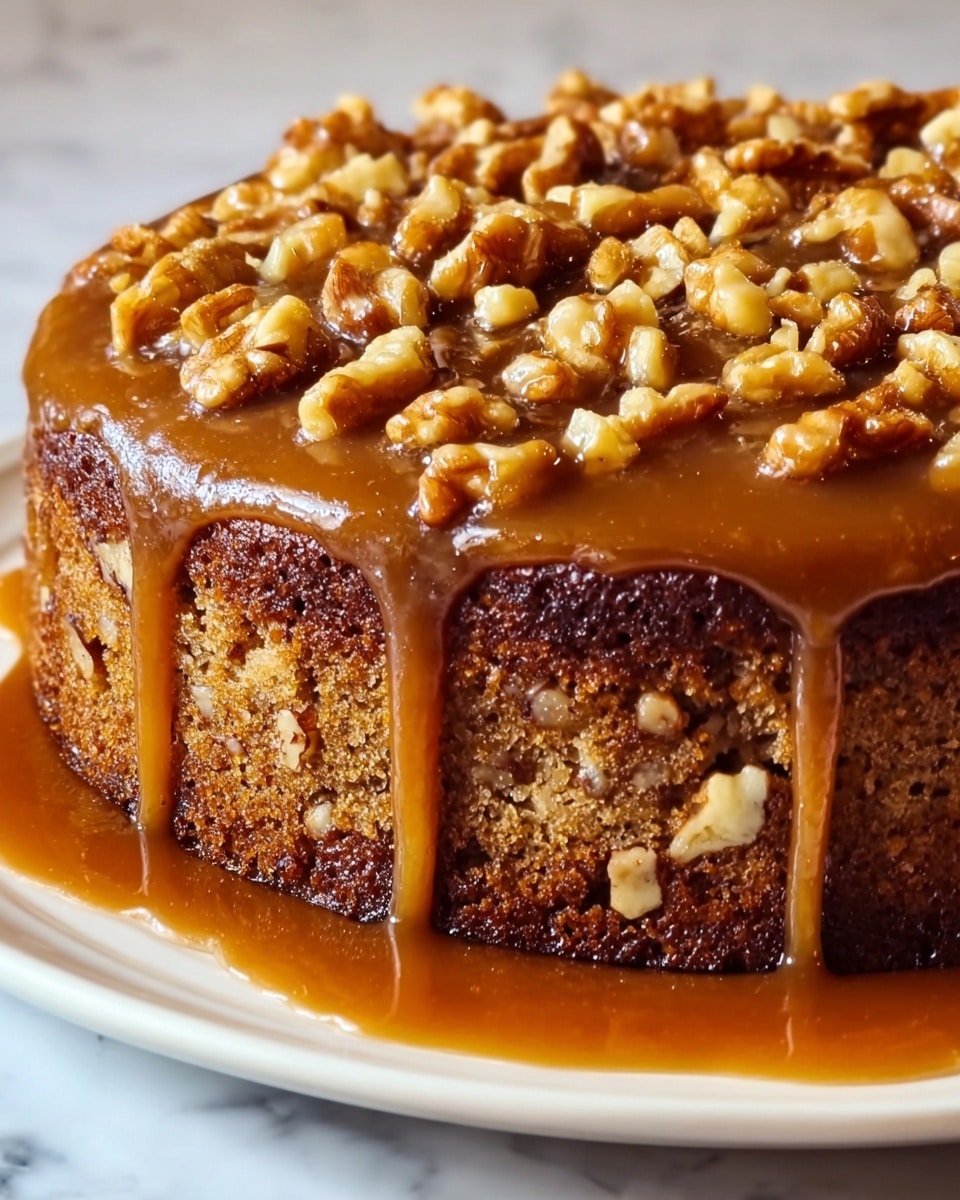 A close-up image of a two-layer cake with a dense, light brown crumb filled with visible nut chunks inside. The top layer is covered with a glossy caramel sauce that drips down the sides and is generously topped with chopped walnuts. The cake edges are dark brown and slightly crusty, contrasting the moist interior. The cake sits on a white plate, placed on a white marbled surface. photo taken with an iphone --ar 4:5 --v 7