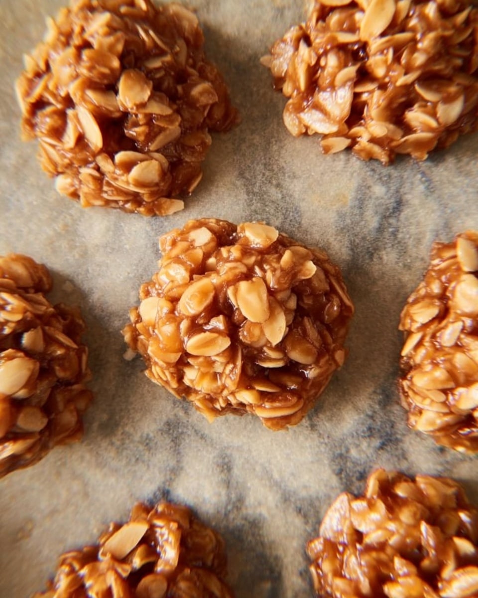 The image shows twelve small, round clusters of a nutty snack arranged in neat rows on a light brown baking sheet. Each cluster is made of thin almond slices mixed in a sticky, caramel-colored coating, giving them a textured and slightly shiny appearance. The clusters have an uneven, rough surface with some slices sticking out, and they seem crunchy and slightly soft. The baking sheet fills the entire frame with no other items visible, and the lighting highlights the warm brown tones of the nuts and coating. photo taken with an iphone --ar 4:5 --v 7