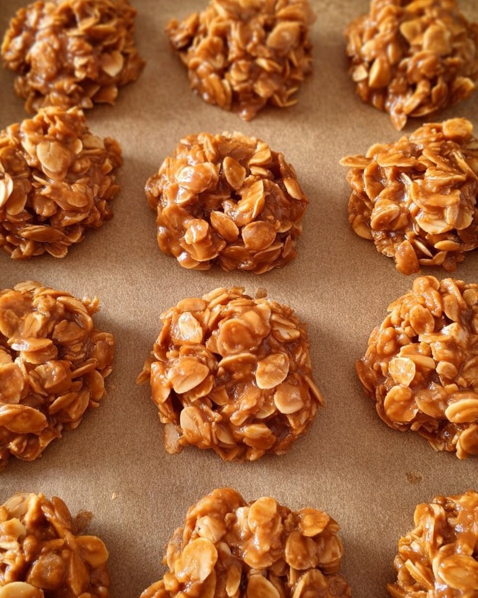 The image shows several small round clusters made of sliced almonds mixed with a sticky, shiny brown syrup, creating a rough textured surface. Each cluster is made of many thin, light tan almond slices layered closely together, held by the syrup that has a glossy, caramel-like look. They are placed on a parchment paper that rests on a white marbled texture background, evenly spaced and ready to eat. The overall look is crunchy and golden brown. photo taken with an iphone --ar 4:5 --v 7