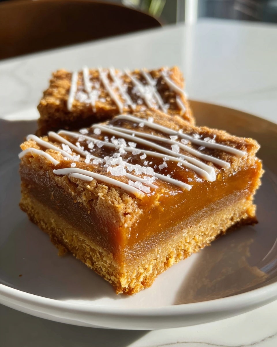 The image shows two square pieces of a dessert on a white plate with a slightly raised edge, placed on a white marbled surface. Each piece has three distinct layers: a crumbly light brown base with a slightly rough texture at the bottom, a thick middle layer of smooth, glossy caramel brown filling, and a crumbly top layer similar in texture and color to the base. The top is decorated with white icing drizzles across the surface and sprinkled with large, coarse white sugar crystals that catch the light. The scene is brightly lit with natural light, highlighting the texture and glossy details of the dessert. Photo taken with an iphone --ar 4:5 --v 7