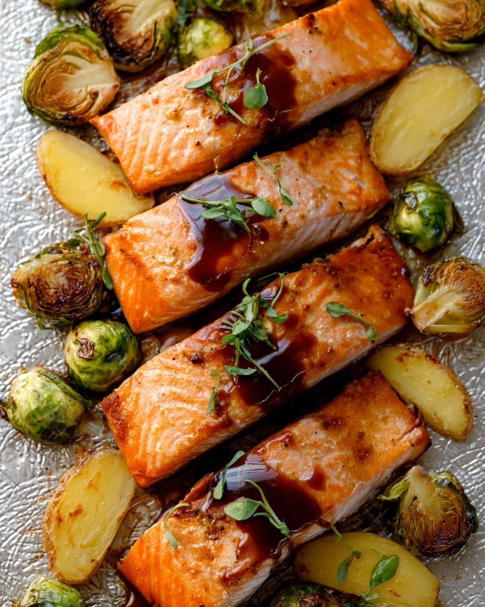 The image shows four pieces of cooked salmon fillets arranged side by side on a textured white surface. Each salmon fillet is a bright orange color with a slightly glossy texture from a glaze or sauce that appears dark brown and shiny, running in streaks over the top. Around the salmon, roasted Brussels sprouts are scattered, showing a mix of bright green and caramelized brown colors with a slightly crisp texture. There are also yellow potato wedges with a soft and slightly browned look filling in the gaps between the salmon and Brussels sprouts. Small sprigs of fresh green herbs are placed on top of the salmon pieces, adding a fresh touch to the dish. photo taken with an iphone --ar 4:5 --v 7