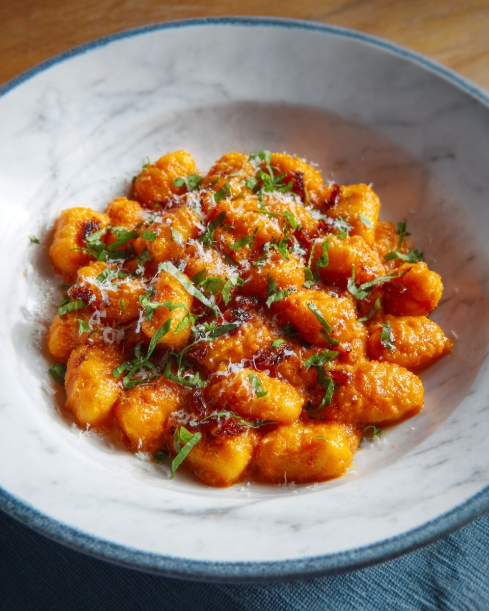 A white bowl filled with soft gnocchi coated in a thick, bright orange-red tomato sauce, sprinkled with small bits of green herbs and tiny shreds of what looks like cheese. The gnocchi have a smooth, slightly crinkled texture and are piled loosely in a single layer. The dish sits on a white marbled surface, and the lighting highlights the shiny, saucy finish of the gnocchi, making the colors look rich and warm. Photo taken with an iphone --ar 4:5 --v 7
