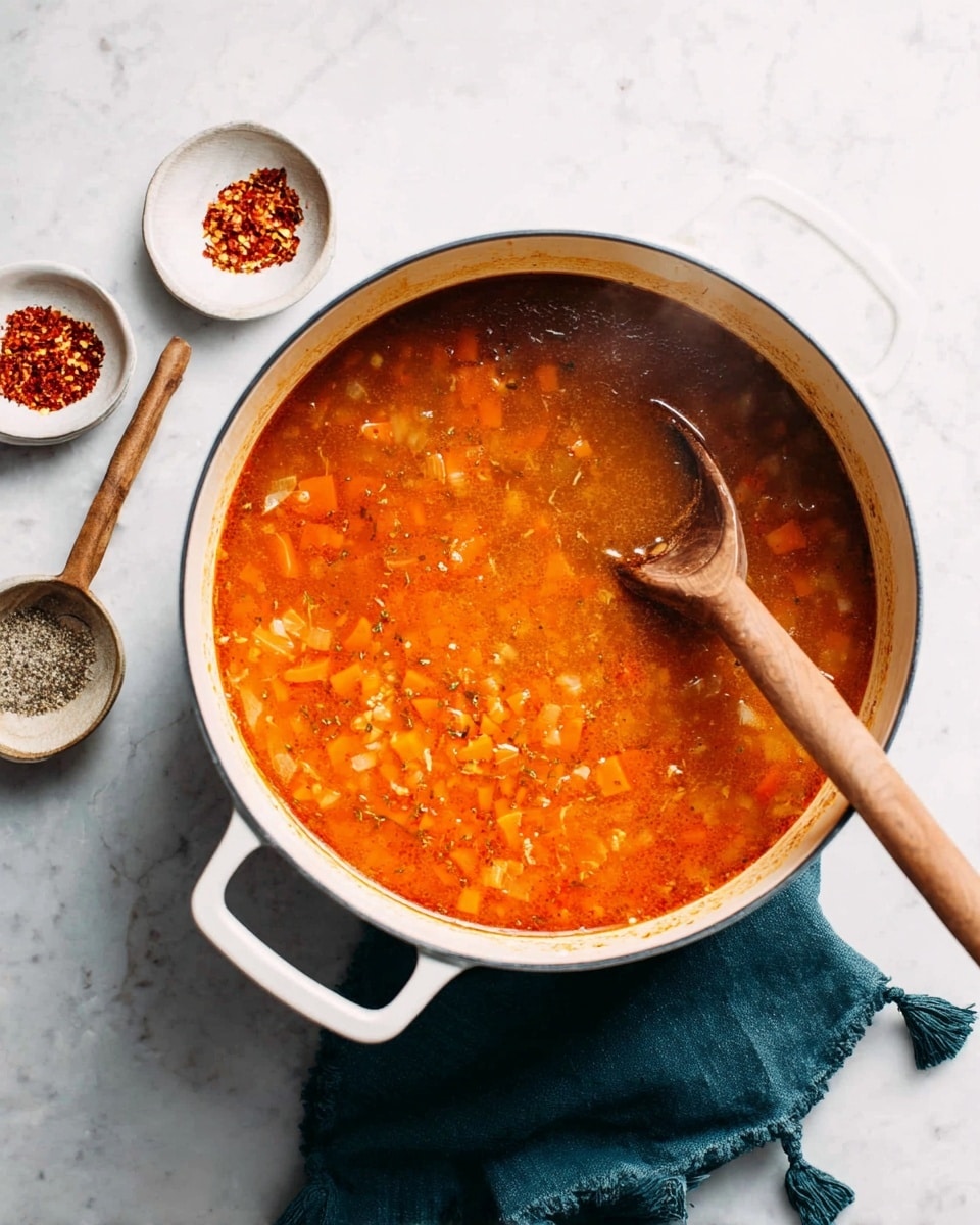 The image shows a white bowl filled with a thick orange soup, mixed with small chunks of vegetables like carrots and onions, and garnished with green herbs such as dill and parsley on top. There are tiny red flakes scattered over the soup, adding a speckled look. A silver spoon rests inside the bowl on the right side. The white bowl is placed on a white marbled surface, with a blurred glass jar of greenery and a wooden bowl filled with red flakes visible in the background. Photo taken with an iphone --ar 4:5 --v 7