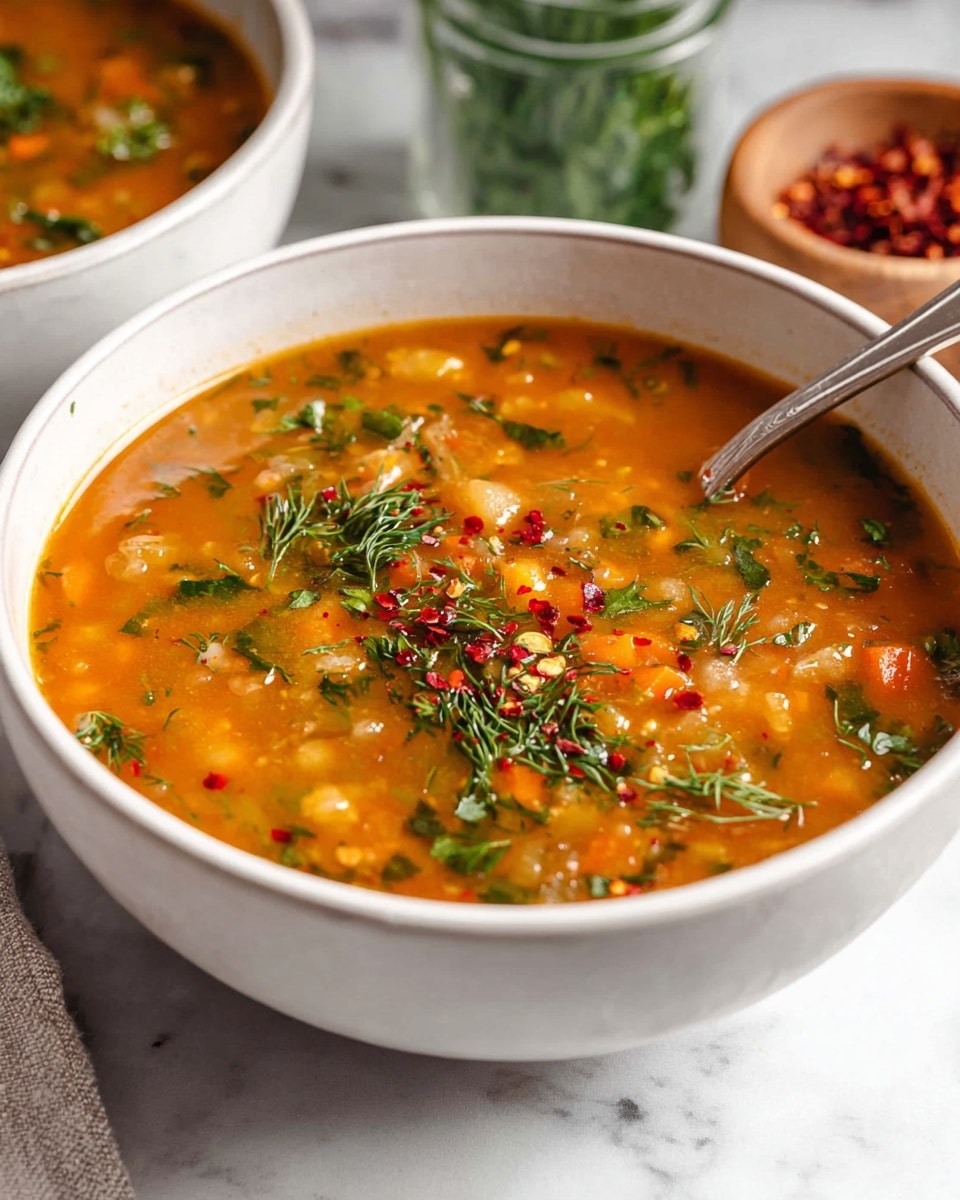 A white pot filled with a simmering orange-red soup that shows visible small chunks of light orange carrots and translucent onion pieces, with herbs and spices speckled throughout, being stirred by a wooden spoon resting inside the pot. Around the pot, there are two small white bowls, one with red chili flakes and a small wooden spoon, the other with a grayish spice, set on a white marbled surface. A dark teal cloth with tassels is placed under the pot’s right handle. Steam rises lightly from the pot, adding warmth to the scene. Photo taken with an iphone --ar 4:5 --v 7