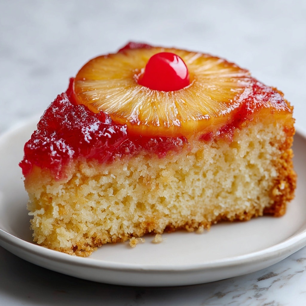 A rectangular pineapple upside-down cake with a shiny golden-brown caramel layer on top, decorated with evenly spaced circular yellow pineapple slices, each with a bright red maraschino cherry in the center and smaller cherries placed in between the slices; the cake is resting on white parchment paper with a white marbled texture surface underneath and a blue and white striped cloth nearby. photo taken with an iphone --ar 4:5 --v 7