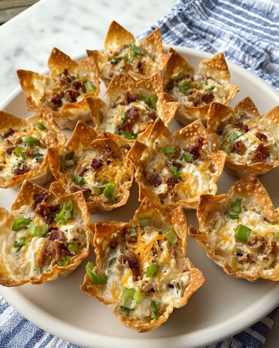 The image shows a white plate holding about a dozen mini appetizer cups made from golden-brown crispy wonton wrappers shaped like small bowls. Each cup is filled with a creamy mixture that has visible bits of green from chopped green onions, small brown crispy bacon pieces, and melted orange cheddar cheese, creating a textured top layer combining creamy white, green, brown, and orange colors. The crispy edges of the wonton wrappers rise slightly above the filling, giving each cup a flower-like shape. The plate is placed on a white marbled surface with a blue and white striped cloth partially visible in the background. photo taken with an iphone --ar 4:5 --v 7