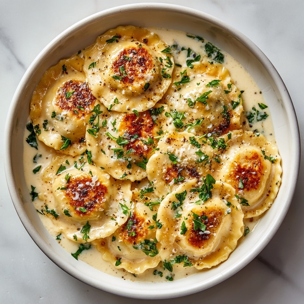 The dish is a creamy chicken and cheese casserole in a slow cooker. The bottom layer shows tender shredded chicken in a thick white creamy sauce mixed with pasta. On top, there are round pasta pieces covered in melted golden-brown cheese with some browned spots and light green chopped herbs sprinkled across. The edge of the slow cooker is visible, and the whole dish has a rich, slightly bubbly texture. The background is a white marbled texture. Photo taken with an iphone --ar 4:5 --v 7