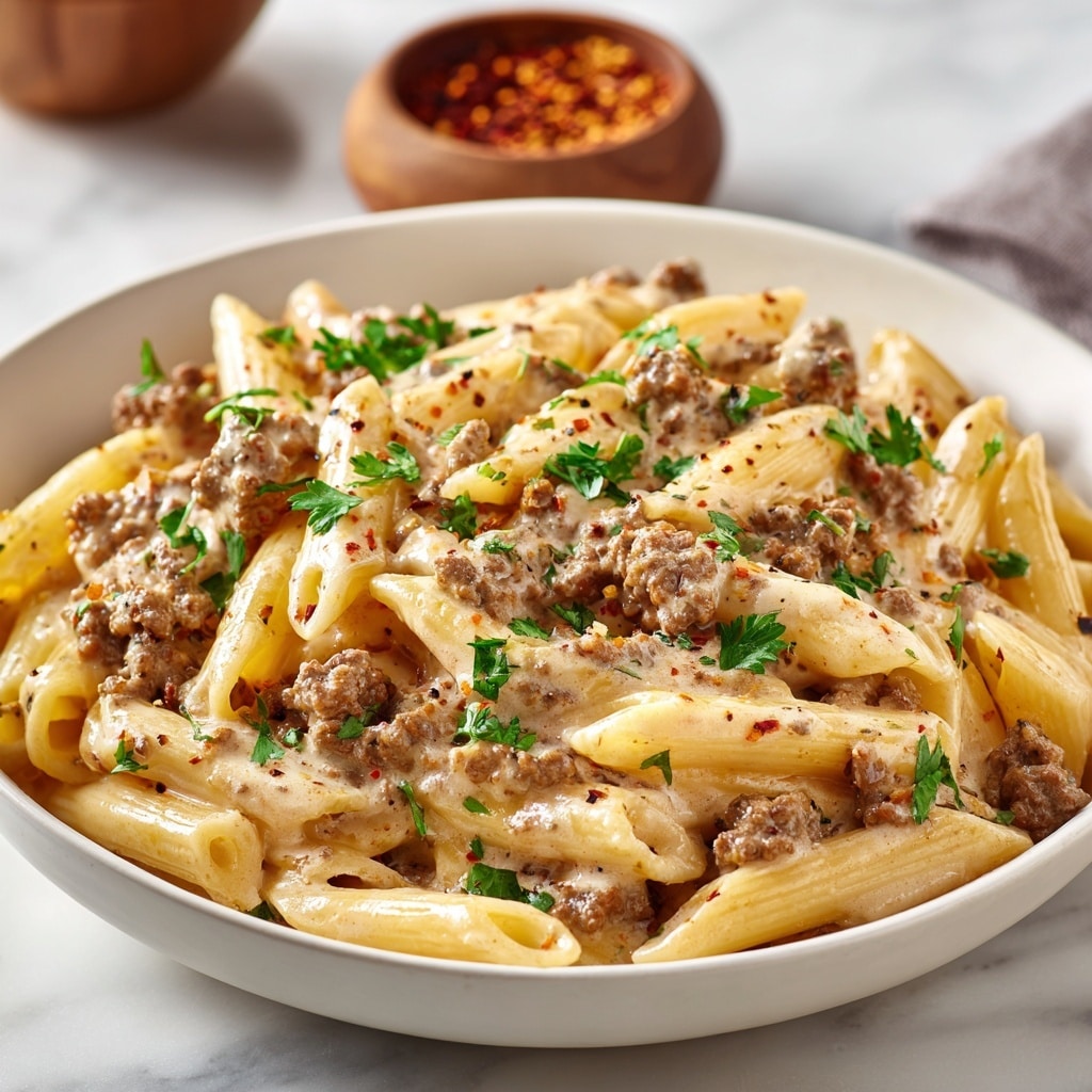 A close-up view of creamy beef pasta in a white bowl, showing three main layers: at the bottom, al dente penne pasta with a pale yellow color and smooth texture; above that, tender cooked ground beef in small chunky pieces mixed evenly throughout; and on top, rich creamy sauce with a light beige color, coating the pasta and beef, speckled with black pepper and fresh green chopped parsley scattered across. The bowl sits on a white marbled surface with a small wooden bowl in the background holding a reddish spice. photo taken with an iphone --ar 4:5 --v 7