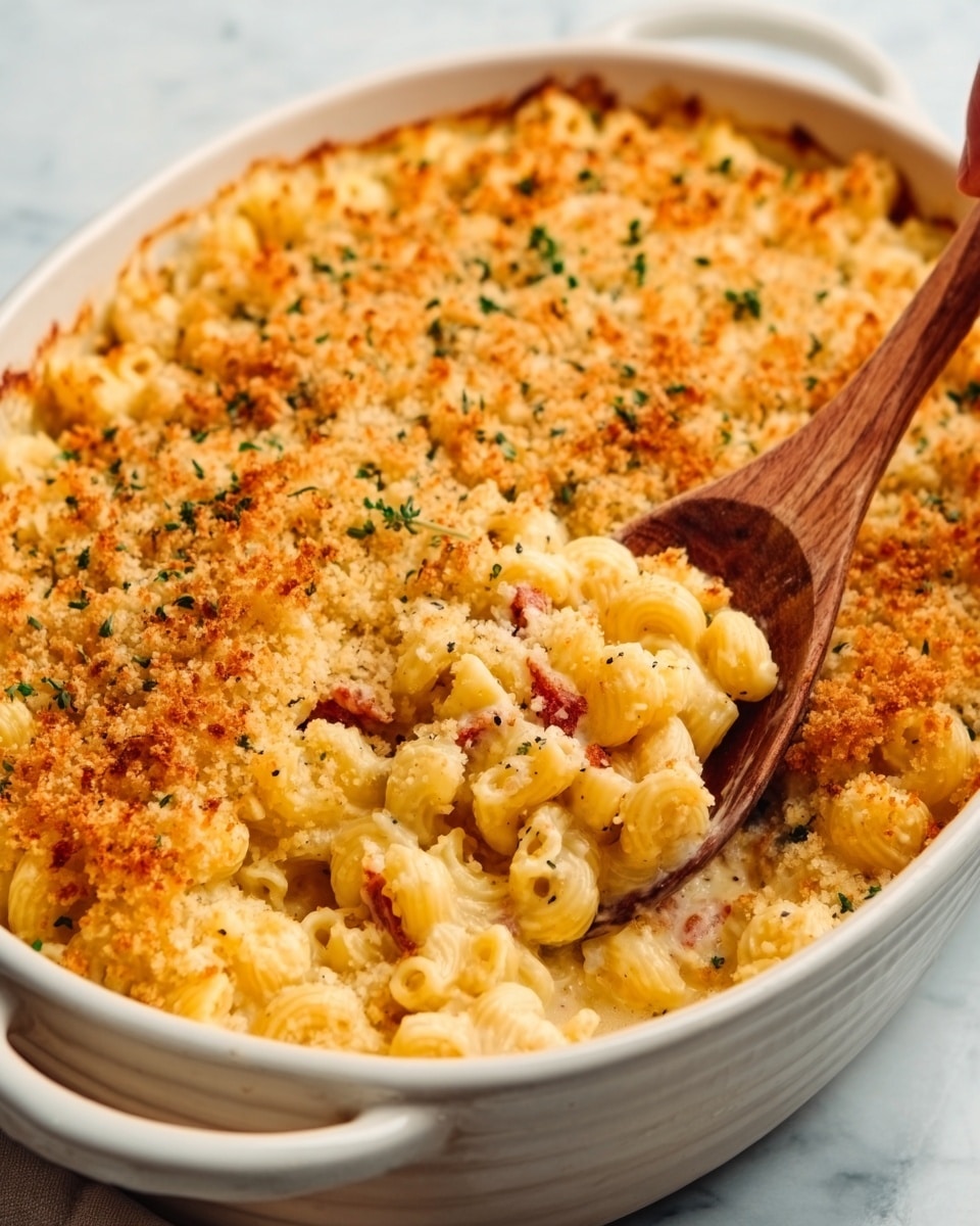The image shows a white baking dish filled with macaroni and cheese topped with a golden brown breadcrumb crust. The top layer is crispy and sprinkled with small bits of green herbs and a little black pepper. Underneath the crust, creamy and pale yellow cheese sauce covers the curved macaroni noodles. There are small pieces of red ingredients mixed into the macaroni near the wooden spoon resting inside the dish. The dish sits on a white marbled surface, and a woman's hand is holding the wooden spoon as if scooping out some macaroni and cheese. Photo taken with an iphone --ar 4:5 --v 7