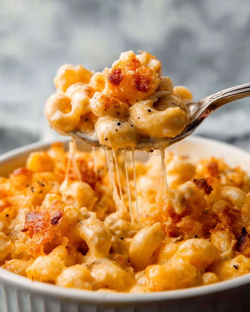 The image shows a close-up of creamy macaroni and cheese on a silver spoon, lifted above a white bowl filled with the dish. The macaroni is coated in thick, melted cheese with a golden-orange color, and there are bits of crispy, browned cheese on top. The cheese sauce looks rich and smooth, with small black pepper specks visible. The background has a soft focus with a white marbled texture. Photo taken with an iphone --ar 4:5 --v 7