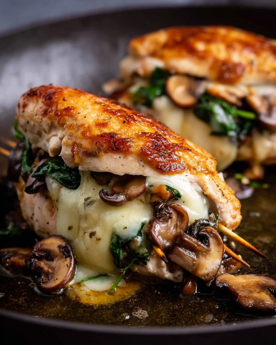 The image shows two pieces of chicken breasts cooked golden brown on top, each stuffed with layers inside. The first layer inside is melted cheese that oozes out slightly, followed by a mix of sautéed mushrooms and wilted green spinach leaves. The chicken breasts are held together with wooden toothpicks and placed in a dark pan with extra mushrooms and spinach scattered around in some oil or sauce. The chicken has a shiny and slightly crispy texture. photo taken with an iphone --ar 4:5 --v 7