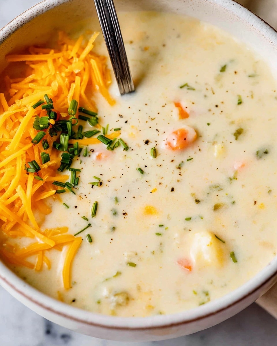 A close-up view of a thick, creamy white chowder served in a white bowl, containing small bits of orange carrot, green herbs, and white potato pieces mixed throughout the smooth texture. The surface is gently swirled, showing a rich and hearty consistency. A silver spoon is partly dipped into the chowder. The bowl sits on a white marbled surface, with parts of other dishes slightly visible around it. photo taken with an iphone --ar 4:5 --v 7