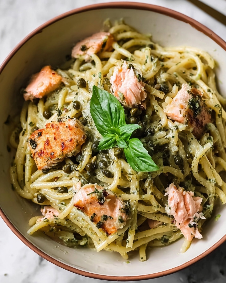 A white bowl filled with creamy pasta mixed with small pieces of light pink salmon, some pieces showing a slightly browned crust on top. The pasta is coated in a green herb sauce with small dark green capers sprinkled throughout. On top of the dish is a small fresh bright green basil leaf adding a pop of color. The bowl sits on a white marbled surface, showing a close-up view of the textures and colors in the dish. photo taken with an iphone --ar 4:5 --v 7