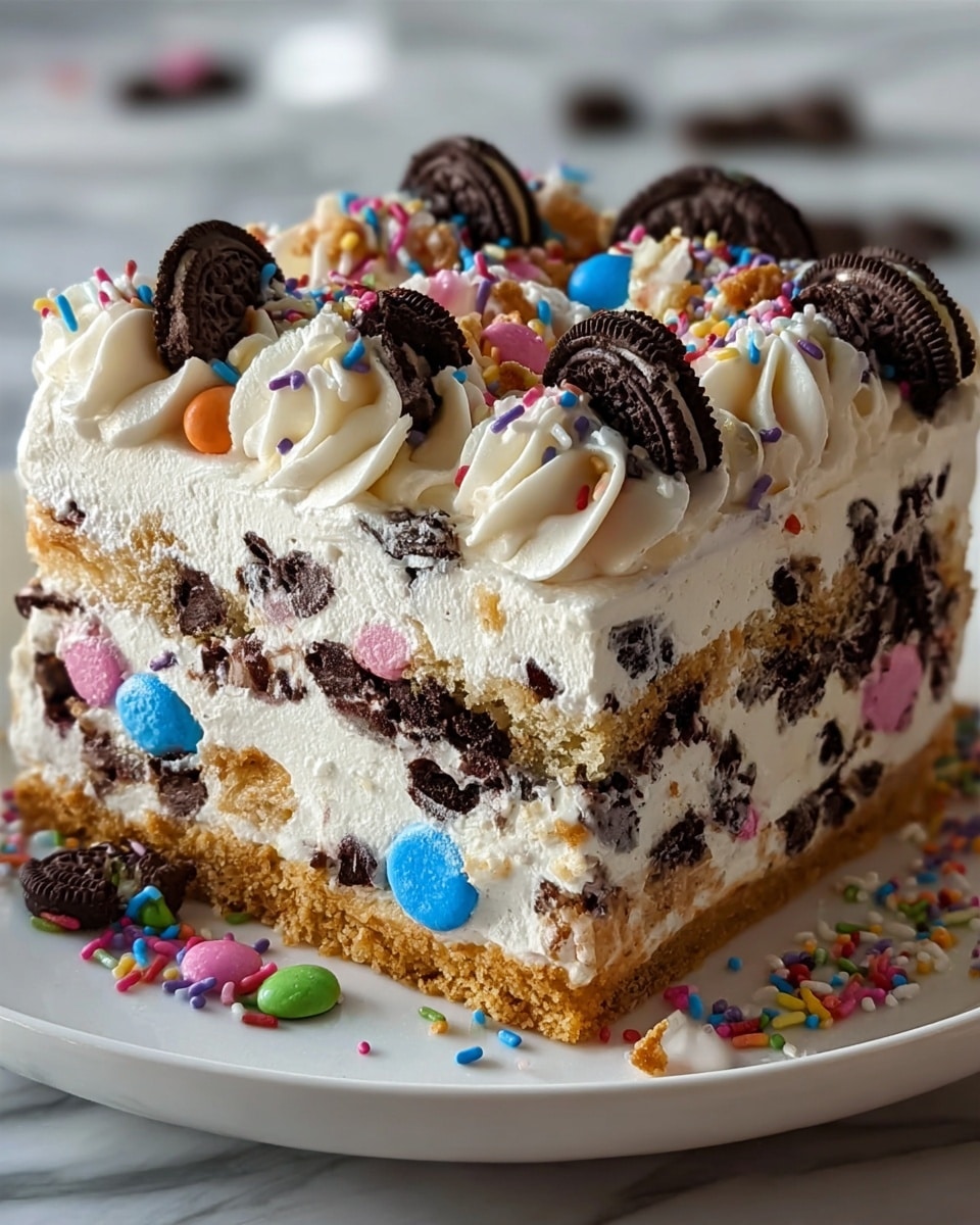 The image shows a thick, square-shaped dessert with multiple layers on a white plate, placed on a white marbled surface. The bottom layer is a light brown crispy crust, followed by a thick, creamy white layer filled with whole and broken dark chocolate sandwich cookies and colorful candy pieces in blue, pink, green, and orange. Above this is a thin layer of cake or cookie, and then another thick creamy white layer with similar cookie and candy pieces. The top layer is a thick, whipped cream decorated with swirled dollops, chocolate sandwich cookie halves, and colorful sprinkles scattered all over the top and some on the plate. Photo taken with an iphone --ar 4:5 --v 7