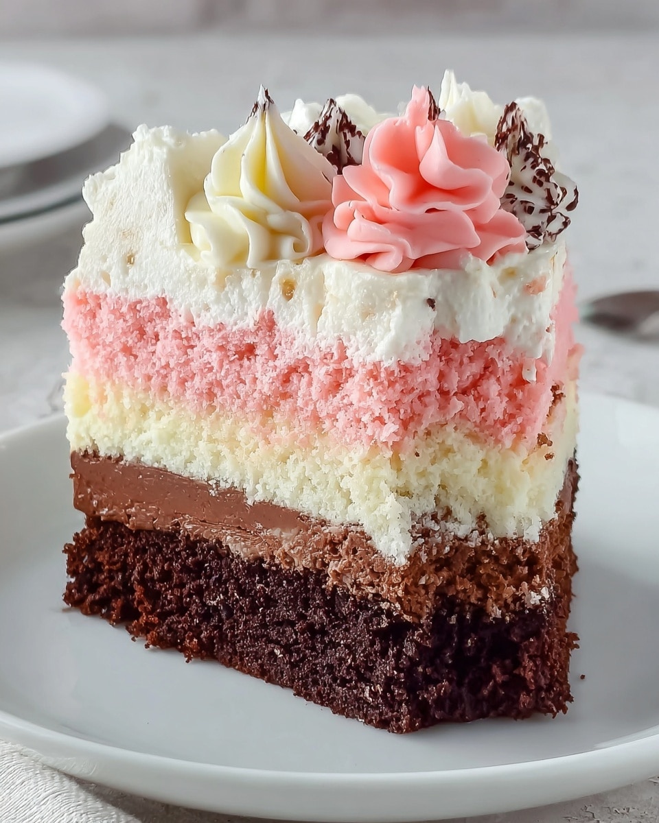 A slice of layered cake sits on a white plate over a white marbled surface. From bottom to top, the first layer is dense, dark chocolate cake, followed by a thick, smooth layer of milk chocolate cream. Above this is a light, creamy white layer, topped with a pink sponge cake layer. The topmost layer is fluffy white frosting, decorated with swirls of white and dark chocolate cream, and a pink cream rosette in the center. The textures vary from dense and moist at the bottom to soft and airy near the top. The cake slice is shown up close, highlighting its neat, clean layers and creamy decorations. Photo taken with an iphone --ar 4:5 --v 7