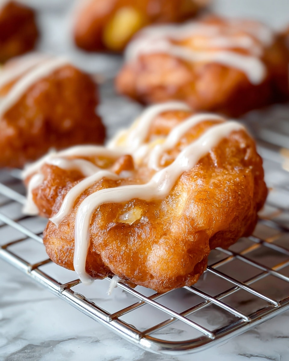 The image shows a close-up of a single piece of golden-brown fried pastry with an irregular shape, resting on a silver cooling rack above a white marbled surface. The pastry has a crispy texture with bumps and slight cracks, revealing a soft, moist inside with bits of a yellowish filling visible. It is topped with a light drizzle of smooth, creamy white icing arranged in thin uneven lines across the top. In the blurred background, similar pastries and another cooling rack can be seen. The photo is bright and detailed, emphasizing the warm, fresh look of the fried treat. photo taken with an iphone --ar 4:5 --v 7