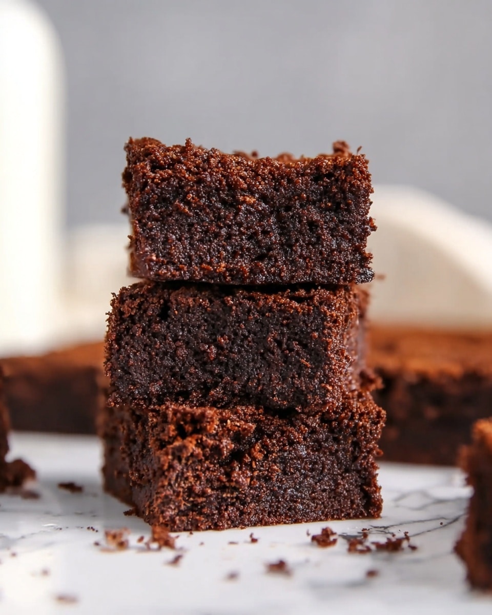 Three thick, dark brown brownies are stacked on top of each other, showing a dense, crumbly texture with small bits of chocolate throughout. The brownies have rough, uneven edges with crumbs scattered around the base, all set against a white marbled surface. The background is softly blurred, emphasizing the rich, moist appearance of the brownies. photo taken with an iphone --ar 4:5 --v 7
