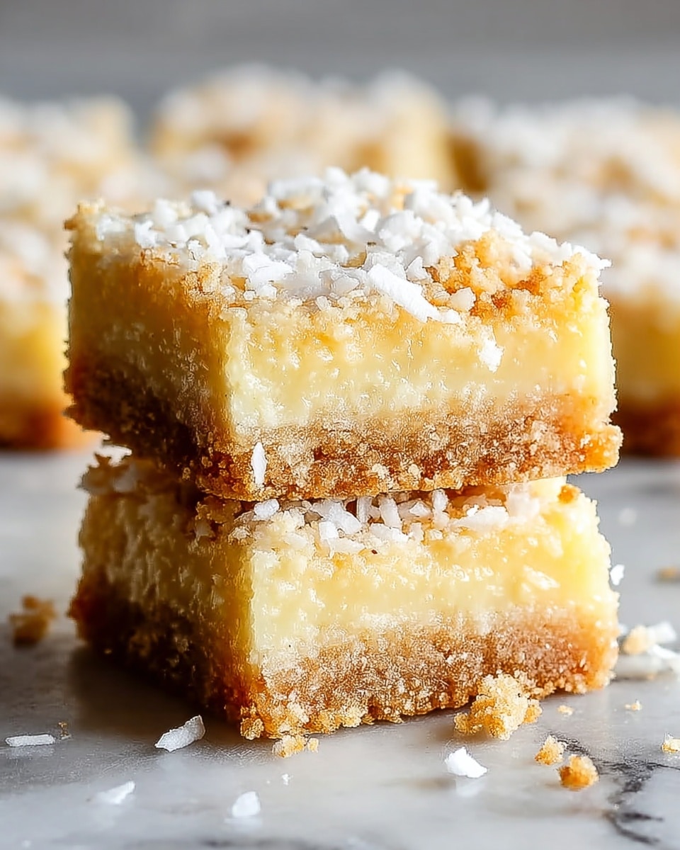 The image shows two square dessert bars stacked on top of each other on a white marbled surface. Each bar has two layers: a bottom layer that is brown and crumbly, resembling a baked crust, and a top layer that is thick, golden-yellow, and moist with a slightly shiny texture. The top layer is sprinkled with white shredded coconut flakes that add a rough texture on the surface. The background is softly blurred, focusing closely on the texture and layers of the dessert bars. Photo taken with an iphone --ar 4:5 --v 7