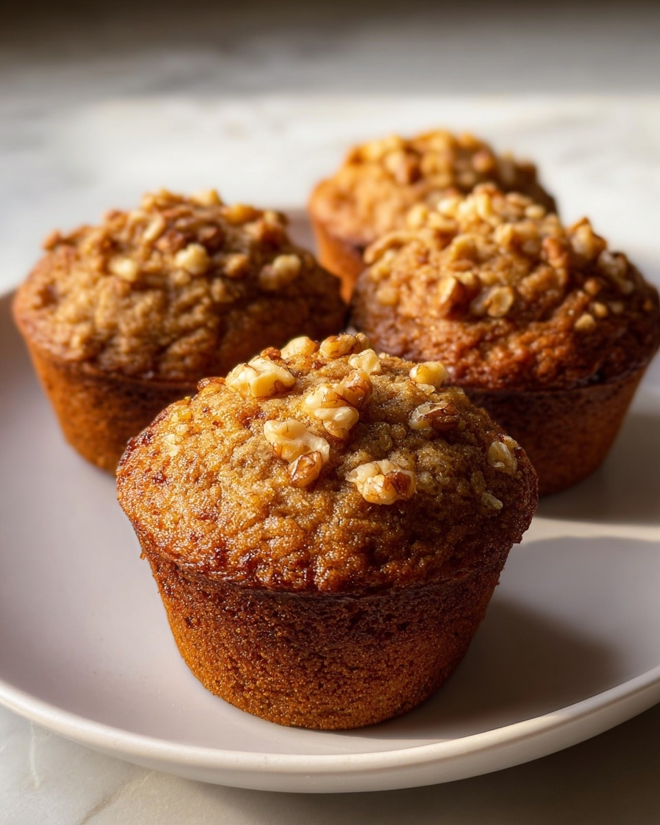 The image shows one golden-brown muffin on a white plate with a slightly raised edge, sitting on a white marbled surface. The muffin has a slightly domed top with a rough texture, dotted with small bits resembling walnuts, some of which are whole and placed on top. In the background, two more muffins, similar in color and texture, are partially visible. The muffin paper liner is a light brown and slightly grooved, wrapping the bottom part of the muffin. The lighting highlights the moist, dense texture of the muffin. Photo taken with an iphone --ar 4:5 --v 7