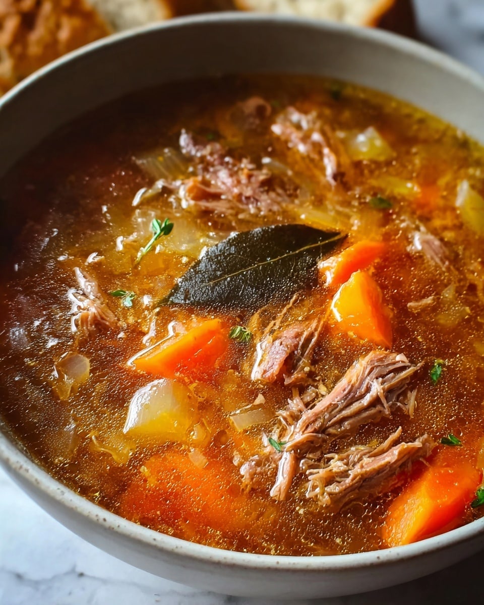 A bowl of clear homemade beef soup is shown up close, with a rich broth filled with shredded beef pieces, bright orange carrot chunks, pale yellow onion slices, and small green herb leaves scattered on top. A dark green bay leaf floats on the surface, adding contrast. The soup has a glossy, oily sheen and a warm color. It is served in a round white bowl, placed on a white marbled texture surface, with some blurred bread in the background. photo taken with an iphone --ar 4:5 --v 7