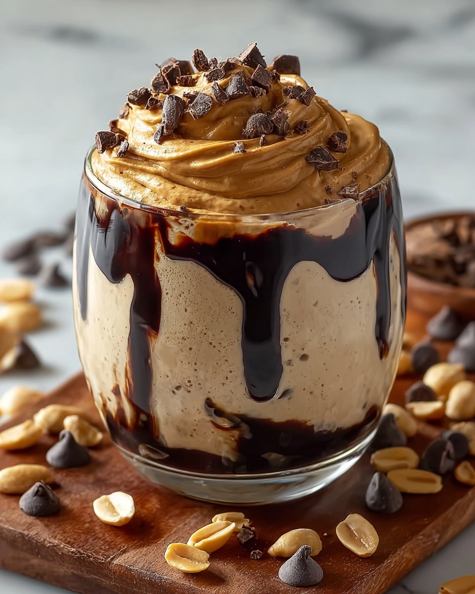 A clear glass filled with three visible layers: the bottom layer is a dark chocolate syrup pooling at the base; the middle layer is a thick, light brown creamy mousse with small air holes, filling most of the glass; the top layer is a smooth, swirled light brown peanut butter cream piled high above the rim, sprinkled with uneven dark chocolate chunks. Dark chocolate syrup drips artistically down the inside edges of the glass. The glass sits on a wooden board scattered with peanuts and dark chocolate chips, all set against a white marbled surface. Photo taken with an iphone --ar 4:5 --v 7