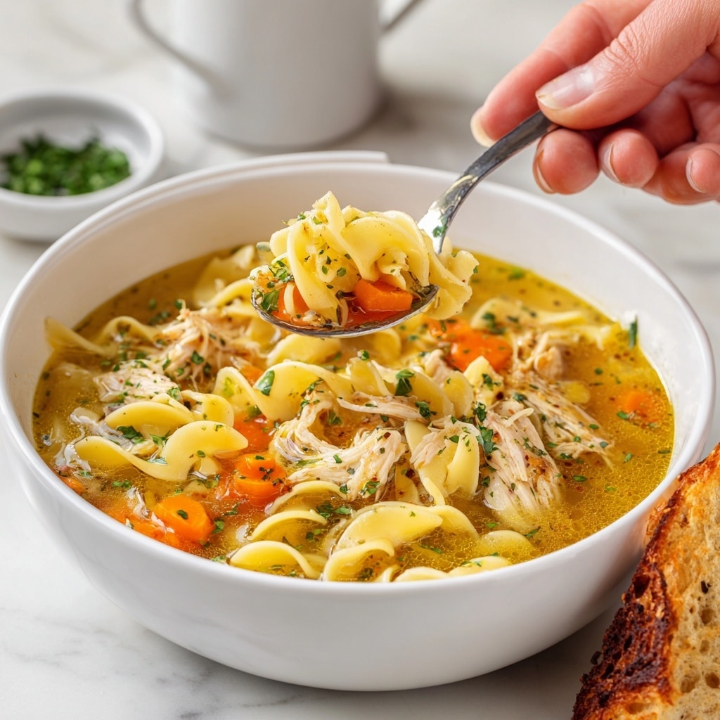 A white bowl filled with chicken noodle soup sits on a wooden surface. The soup has three main layers: at the bottom, a clear light golden broth; floating in the broth, wide, wavy egg noodles that are pale yellow; and mixed throughout, thin slices of cooked chicken, bright orange carrot rounds, and small pieces of chopped celery in light green. Some chopped parsley is sprinkled on top, adding a touch of bright green. A gold spoon held by a woman's hand lifts noodles, chicken, and vegetables from the bowl. To the side, a slice of light brown bread rests on the wooden surface, and in the background, a small bowl of green herbs sits on a white marbled surface. photo taken with an iphone --ar 4:5 --v 7