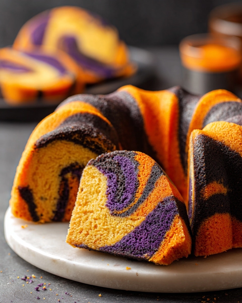 The image shows a marble bundt cake with orange, black, and purple swirling patterns. The cake is sliced to reveal three main layers inside: a bright orange layer, a deep purple layer, and a dark black layer that twists and blends smoothly together. The texture looks soft and moist. The cake sits on a white plate on a white marbled surface, and in the background, there are blurred parts of the cake and an out-of-focus setting. Photo taken with an iphone --ar 4:5 --v 7