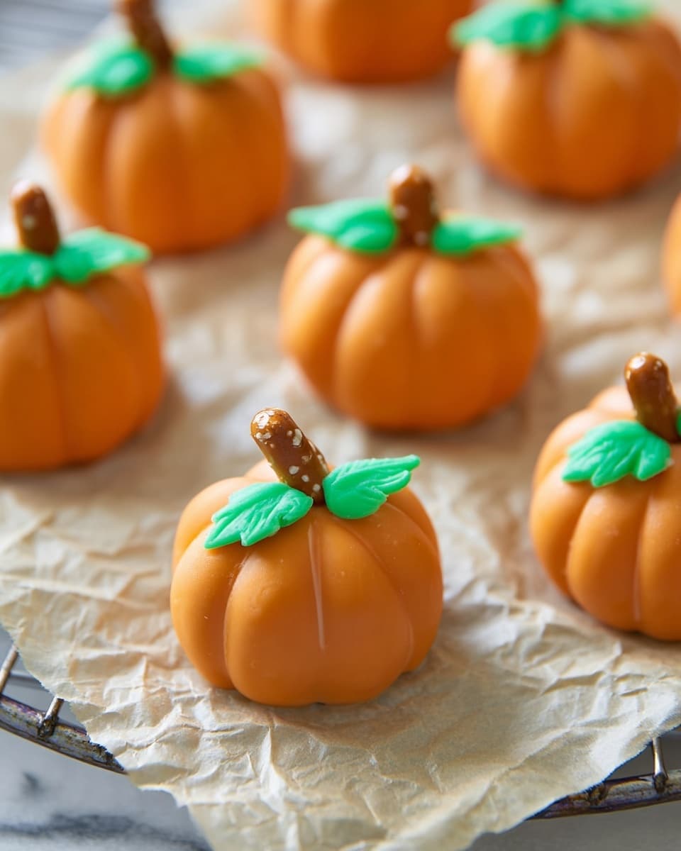 The image shows several small pumpkin-shaped treats placed on a crinkled white marbled surface. Each treat has a smooth, shiny, bright orange outer layer shaped like a pumpkin with subtle vertical ridges for texture. At the top center of each pumpkin, there is a small, twisted brown pretzel piece acting as the stem, and a small dollop of bright green icing shaped like a leaf is placed beside the pretzel stem. The lighting highlights the glossy texture of the orange layer and the soft matte finish of the green leaf. The focus is sharp on the nearest treat, with others softly blurred in the background. Photo taken with an iphone --ar 4:5 --v 7