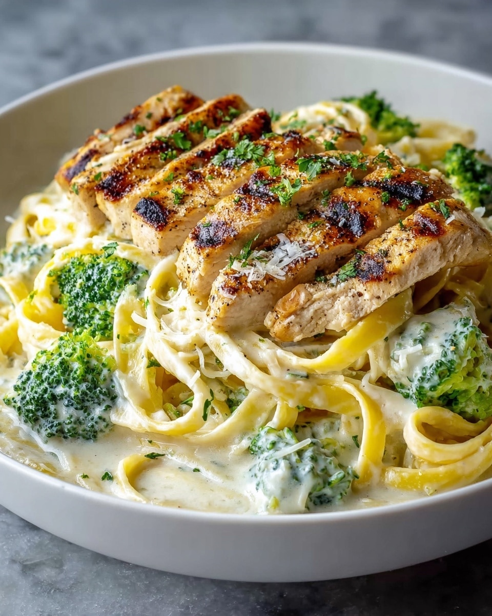A close-up of a white round plate holding a creamy pasta dish with three layers: the bottom layer is smooth, thick white sauce that coats the strands of yellow fettuccine pasta twisted neatly; the middle layer has small, bright green broccoli florets mixed within the pasta; the top layer features five golden-brown grilled chicken strips with visible grill marks, sprinkled with finely chopped green herbs. The plate sits on a white marbled surface. photo taken with an iphone --ar 4:5 --v 7