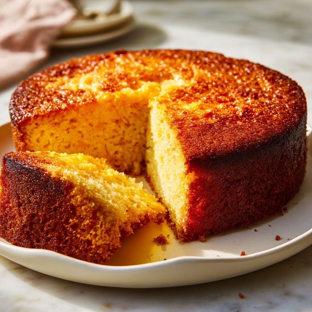 A close-up image of a round, golden brown cake with a slightly cracked top texture, showing one thick slice cut out and placed slightly forward on a white plate with subtle curved edges. The cake’s inside is moist and dense with a bright yellow-orange color, contrasting with the darker golden crust. The cake sits on a white marbled surface with soft lighting highlighting the moist crumb and the fine grain detail on top of the cake. In the background, blurry elements create depth, suggesting a cozy setting. photo taken with an iphone --ar 4:5 --v 7