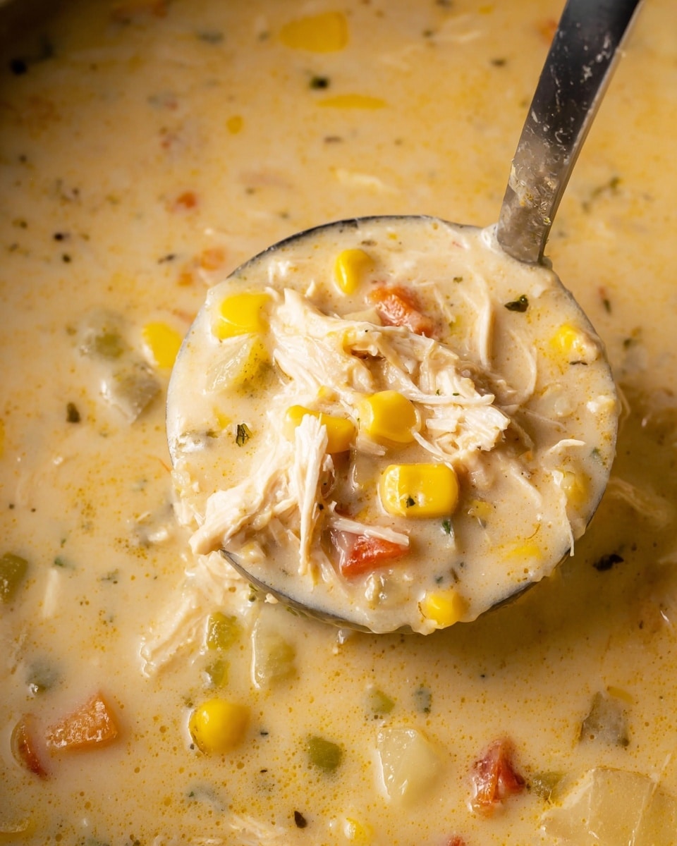 A close-up view of a thick, creamy soup being scooped with a metal ladle. The soup has a pale yellow color with visible textured pieces inside, including shredded white chicken, bright yellow corn kernels, small light brown potato chunks, and bits of green and red vegetables. The soup has tiny flecks of herbs and spices throughout, giving it a seasoned look. The creamy surface is smooth and glossy, with some chunks floating near the ladle. Photo taken with an iphone --ar 4:5 --v 7