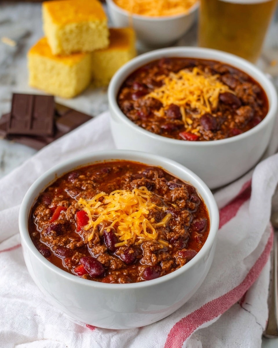 Two white bowls filled with rich chili are placed on a white cloth with red stripes over a white marbled surface. The chili is dark red with visible chunks of ground meat, kidney beans, and tomato pieces. Each bowl is topped with shredded orange cheddar cheese scattered evenly on the surface. In the background, there are stacked squares of yellow cornbread and some pieces of dark chocolate on the white marbled surface. The photo is taken with an iphone --ar 4:5 --v 7