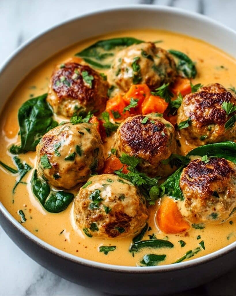Golden Chicken Meatballs in Creamy Paprika Sauce with Spinach & Roasted Pumpkin Recipe