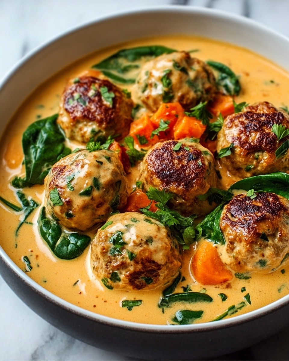The image shows a black bowl filled with seven creamy meatballs covered in a light brown sauce with specks of green herbs. The sauce is thick and smooth, pooling around the meatballs. Underneath and to the side, there are cooked spinach leaves with a deep green color and small pieces of orange carrot mixed in. On one side of the bowl, there is a serving of white rice with visible grains. The background is a white marbled texture. The meatballs look moist, the sauce has a glossy shine, and the colors contrast well in the black bowl. photo taken with an iphone --ar 4:5 --v 7