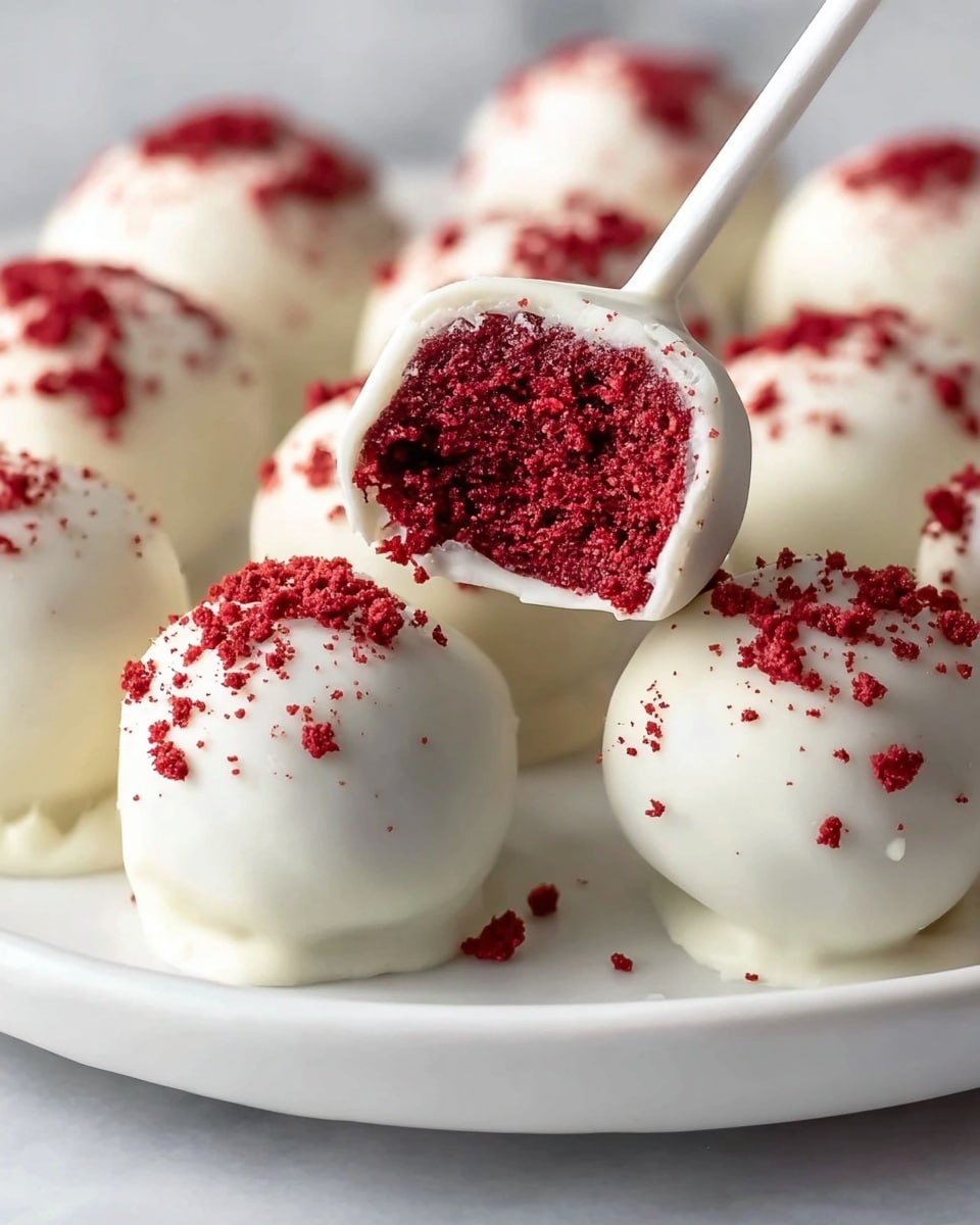A white round plate filled with several cake pops, each pop consisting of a dark red crumbly cake center covered by a smooth, glossy white coating with scattered red crumbs sprinkled on top. The cake pops have white sticks attached, and one of the pops is broken in half showing the deep red inner layer, contrasting with the bright white outer layer. The plate sits on a white marbled surface, creating a clean and bright setting for the treats. photo taken with an iphone --ar 4:5 --v 7