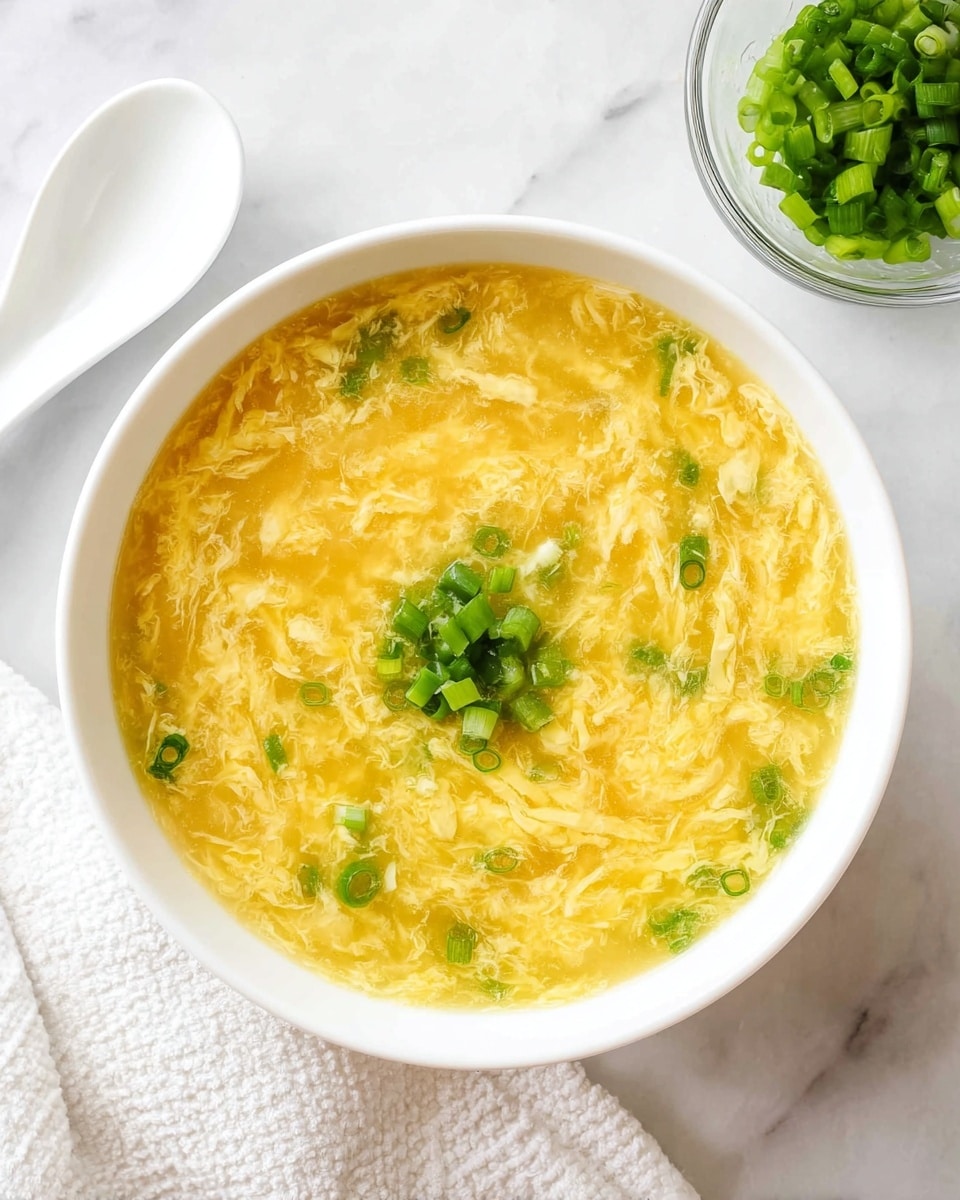 A white bowl filled with smooth yellow egg drop soup with soft, wispy egg ribbons and small green bits of scallion mixed throughout. In the center, there is a small pile of chopped bright green scallions adding fresh color contrast. The bowl rests on a white marbled surface next to a white textured cloth and a white ceramic spoon, with a glass bowl of extra chopped scallions nearby. photo taken with an iphone --ar 4:5 --v 7