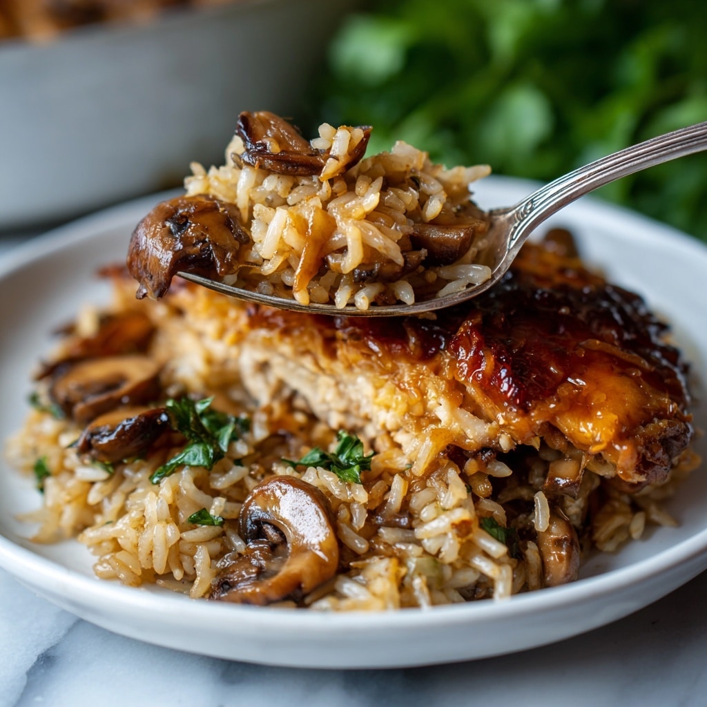 A close-up view of a white plate filled with two main layers: the front layer shows light brown rice mixed with sliced mushrooms of darker brown shades, giving it a textured and slightly glossy look; the back layer holds a piece of orange-glazed chicken with a shiny, sticky surface. A vintage silver fork lifts a spoonful of the rice and mushrooms from the plate, with the background showing green leafy herbs blurred gently. The plate sits on a white marbled texture. Photo taken with an iphone --ar 4:5 --v 7