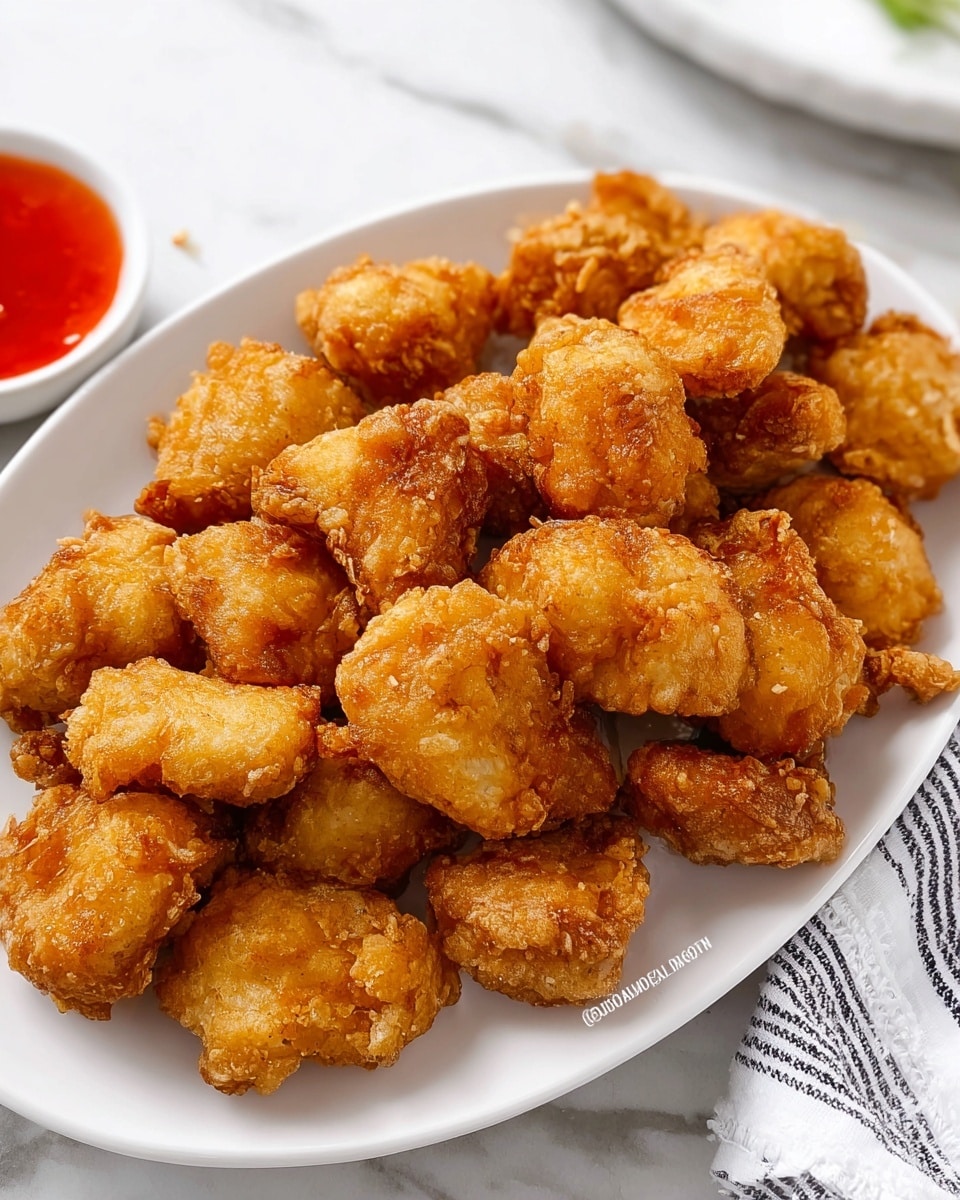 A white oval plate filled with a pile of golden brown fried chicken nuggets, each nugget showing a crispy, uneven texture with a slightly rough surface and crunchy edges. The nuggets vary slightly in shape and size, giving a homemade look. The plate is placed on a white marbled surface next to a small glass bowl filled with bright red dipping sauce, and a folded white towel with black stripes is partially visible in the upper right corner. photo taken with an iphone --ar 4:5 --v 7