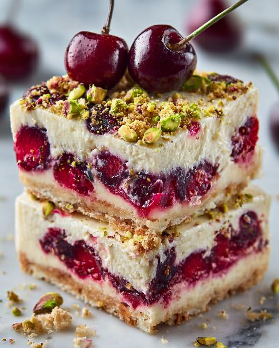 The image shows two square dessert bars stacked on top of each other, placed on a white marbled surface. Each bar has multiple layers: the bottom layer is a thin, light beige crust; above that is a creamy, smooth white layer; the middle section is filled with bright red cherries that add a juicy, textured look; on top of the cherries is another thin white creamy layer; the topmost layer is sprinkled with chopped pistachios, adding a greenish color and rough texture. Two fresh, shiny cherries with stems are placed on the top bar as decoration. The photo is taken with an iphone --ar 4:5 --v 7
