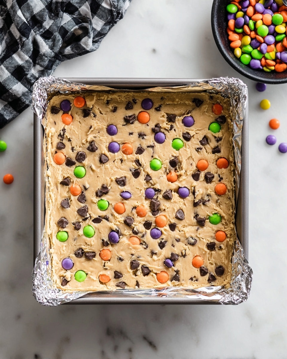 A close-up of a thick layer of raw cookie dough spread evenly in a square baking pan lined with shiny aluminum foil, the dough is light beige with small dark chocolate chips mixed inside, topped with scattered colorful candy-coated chocolates in orange, green, and purple. The pan sits on a white marbled surface next to a black bowl partly filled with more of the colorful candies and a black-and-white checkered cloth in the top corner. photo taken with an iphone --ar 4:5 --v 7