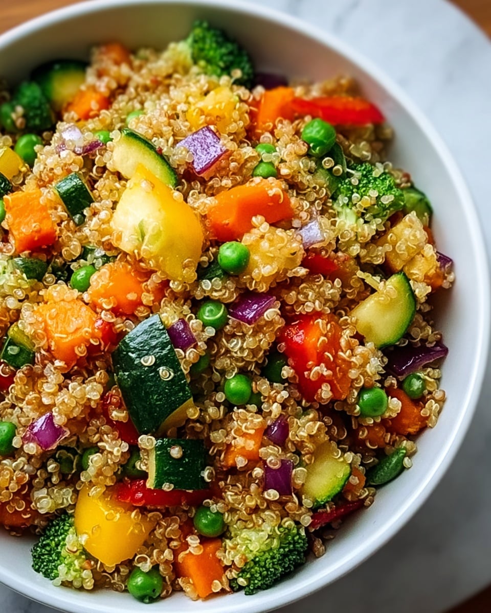 A close-up view of a bowl filled with cooked quinoa mixed with various chopped vegetables, showing a colorful blend of small green broccoli florets, diced orange carrots, yellow bell peppers, green zucchini pieces, bright green peas, and small chunks of red onion. The quinoa grains are light golden and fluffy, layered evenly throughout the dish. The bowl is white, resting on a white marbled surface. The image is sharp, highlighting the textures of each vegetable piece and the quinoa grains, with natural lighting emphasizing the vibrant colors. Photo taken with an iphone --ar 4:5 --v 7
