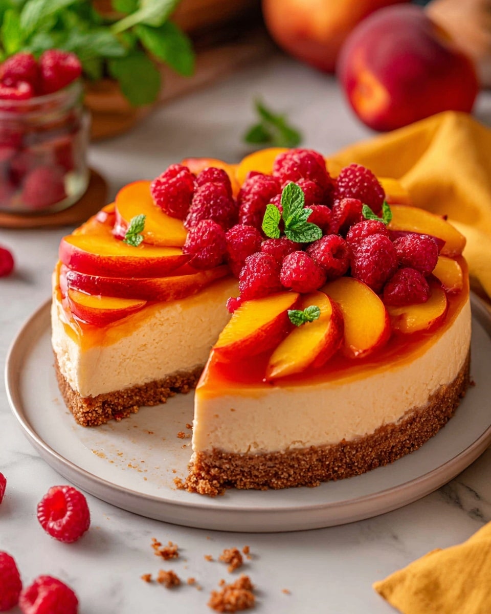 The image shows a slice of cheesecake on a white plate with a crumbly golden brown crust at the bottom, a thick creamy pale yellow cheese layer in the middle, and a topping made of bright orange peach slices arranged neatly in a row. On top of the peaches, there are fresh red raspberries and two small green mint leaves. Bright red raspberry sauce is drizzled over the top and down the side of the cheesecake, pooling slightly on the white plate. More raspberries and mint leaves are scattered around the plate. The background features a white marbled texture softly blurred with warm colors from fruits behind the plate. Photo taken with an iphone --ar 4:5 --v 7