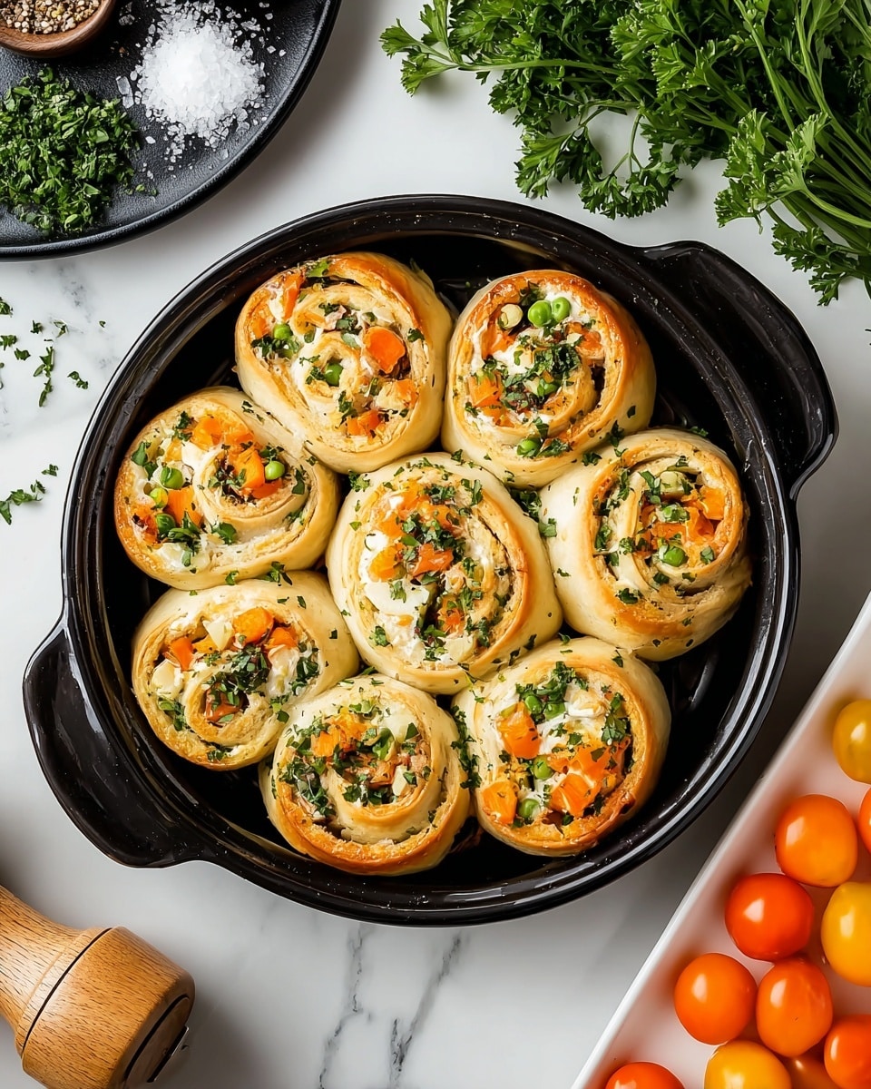 A black cast iron pan filled with twelve stuffed vegetable rolls arranged in a circle, each roll made of greenish outer layers wrapped around visible chopped orange carrots, yellow bell peppers, and melted creamy white cheese, sprinkled with green herbs and small green peas scattered in the gaps between the rolls. The pan is placed on a white marbled surface with a small white bowl partially visible on the top left and some green herbs on the bottom right. The dish looks warm, rich, and colorful, showing a mix of soft textures and melty cheese. photo taken with an iphone --ar 4:5 --v 7