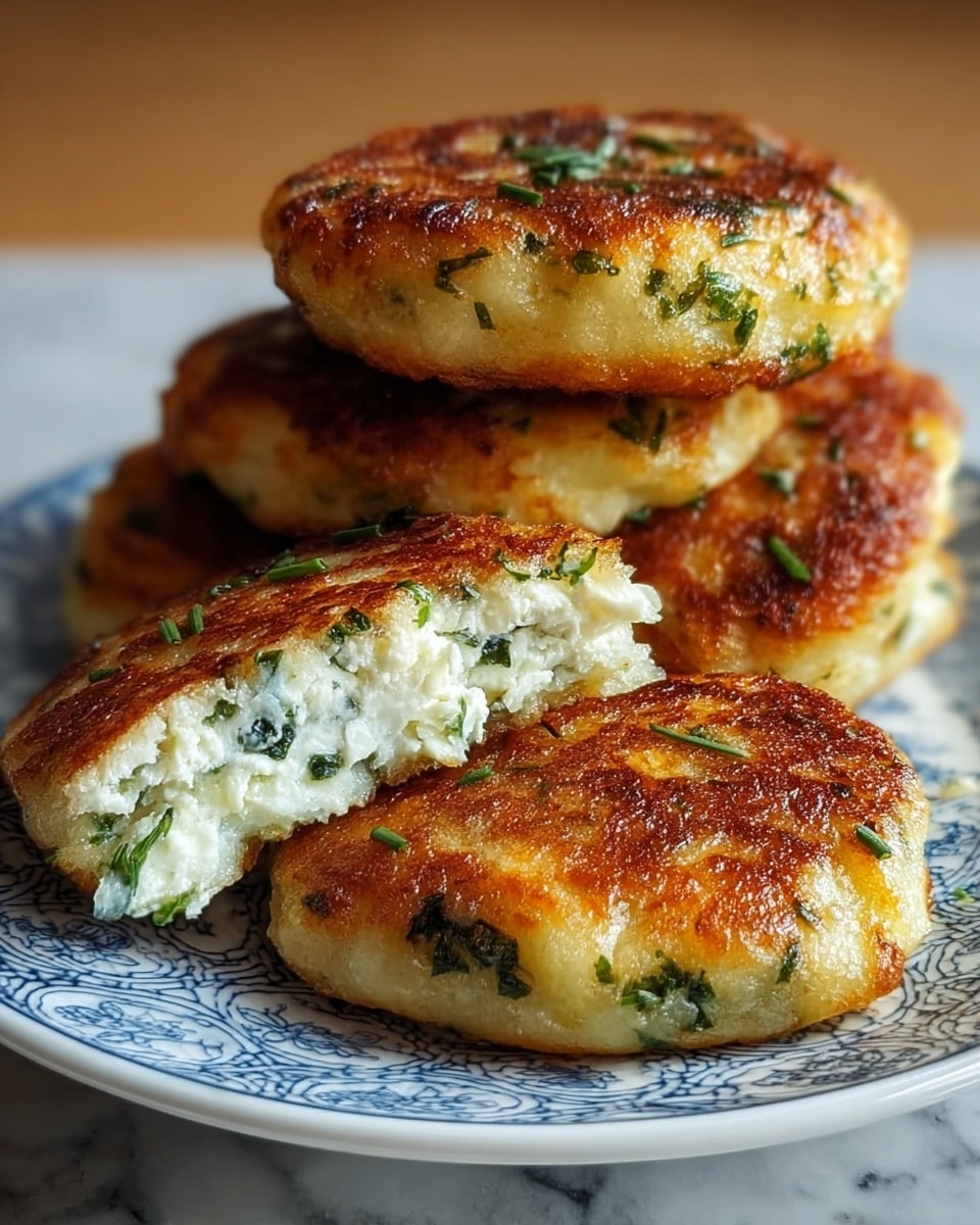 The image shows a close-up of several golden brown patties with crispy, slightly uneven surfaces dotted with green herb pieces throughout. One patty is cut in half and placed on top, revealing a soft white inside mixed with finely chopped green herbs, showing a smooth and creamy texture inside. These patties are arranged on a white plate with a subtle decorative pattern, set on a white marbled surface. The colors highlight the contrast between the browned exterior and the fresh green herbs inside. photo taken with an iphone --ar 4:5 --v 7