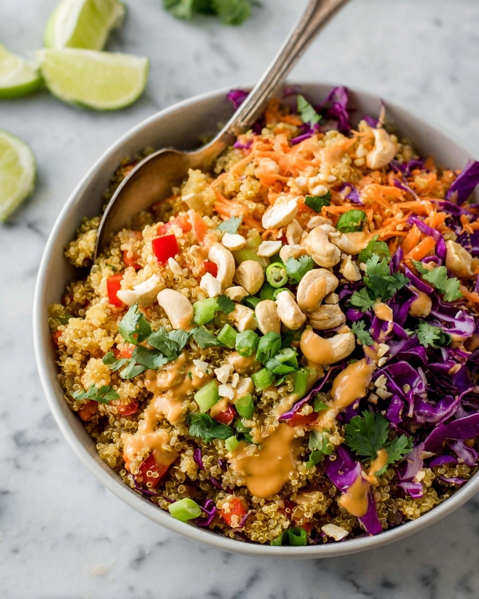 A close-up view of a bowl filled with a three-layer quinoa salad: the base layer is fluffy golden quinoa, mixed with small pieces of purple cabbage and orange shredded carrot; the second layer consists of bright red pepper chunks and scattered white cashew nuts; on top, there are fresh green scallions cut into thick slices and chopped cilantro leaves, with a drizzle of creamy orange dressing spread evenly over the salad. The bowl is white, set on a white marbled surface, with a spoon placed inside the bowl and lime wedges blurred in the background. photo taken with an iphone --ar 4:5 --v 7