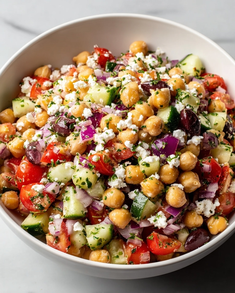 A white bowl filled with a layered salad where the bottom layer is round, golden chickpeas mixed with chopped green cucumber pieces, red cherry tomato halves, and sliced purple onions. Scattered on top are dark purple olives, fresh green herbs, and small white crumbly cheese bits. The salad’s textures show a mix of smooth chickpeas, crisp cucumbers, juicy tomatoes, and crumbled cheese with the herbs adding fine green details. The bowl sits on a white marbled surface with blurred yellow lemons visible in the background. Photo taken with an iphone --ar 4:5 --v 7