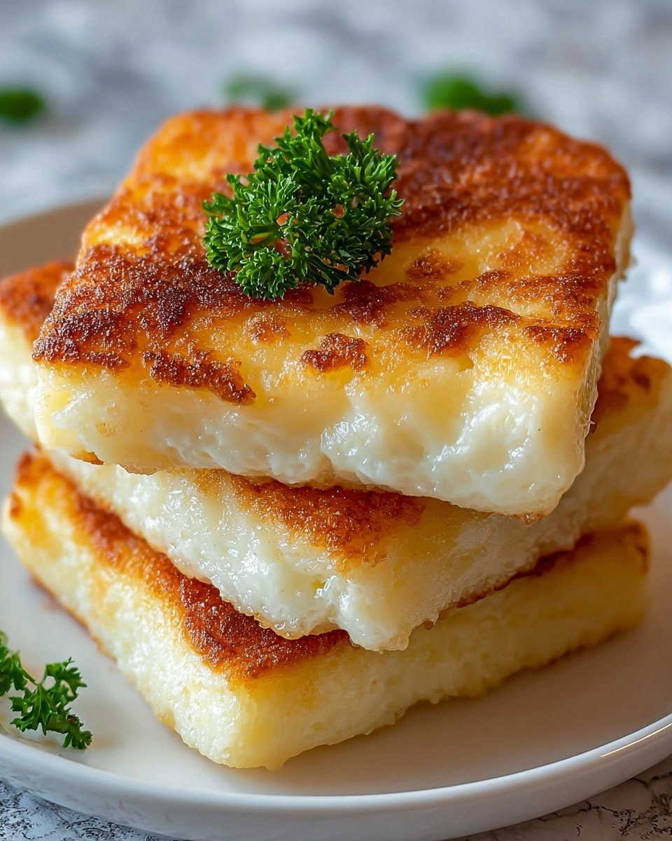 A close-up of three golden brown, crispy fried cheese squares stacked unevenly, showing spongy, soft white interiors and crunchy textured crusts on the edges and tops, garnished simply with a small sprig of fresh green parsley placed on the top square, set on a white marbled surface with some green herb leaves slightly out of focus in the foreground and two blurred white bowls in the background. photo taken with an iphone --ar 4:5 --v 7