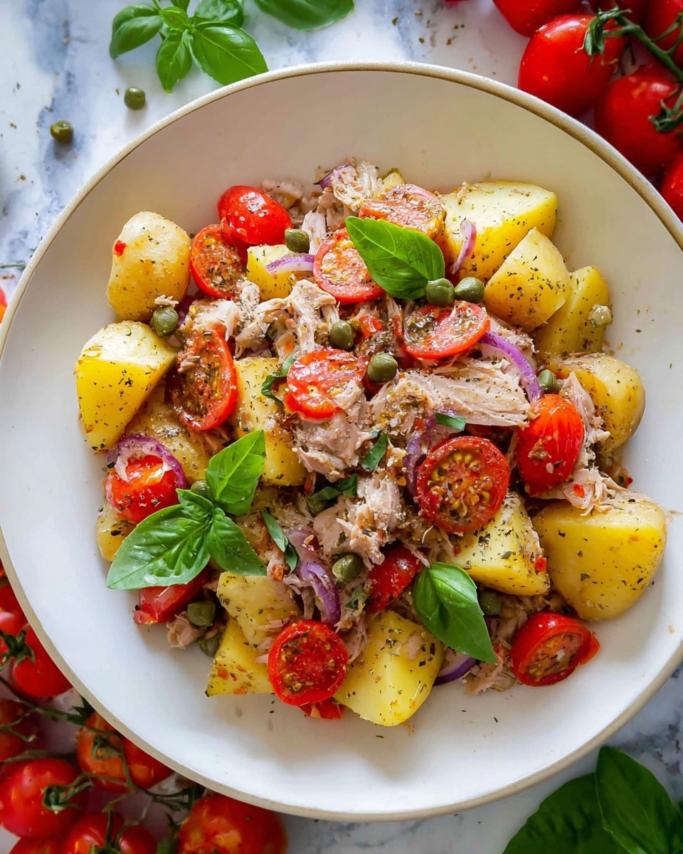 A dish served on a white plate with a mix of large yellow potato chunks scattered throughout, combined with bright red cherry tomatoes, some halved and some whole, and slices of light pink meat or fish mixed in. Small green basil leaves are placed on top, adding fresh color, while tiny green capers are dotted around. Thin strips of pale purple onion are mixed with the other ingredients, all sprinkled with dried herbs that give a speckled brownish-green look. The plate sits on a white marbled surface with a few fresh basil leaves and extra cherry tomatoes around it. Photo taken with an iphone --ar 4:5 --v 7
