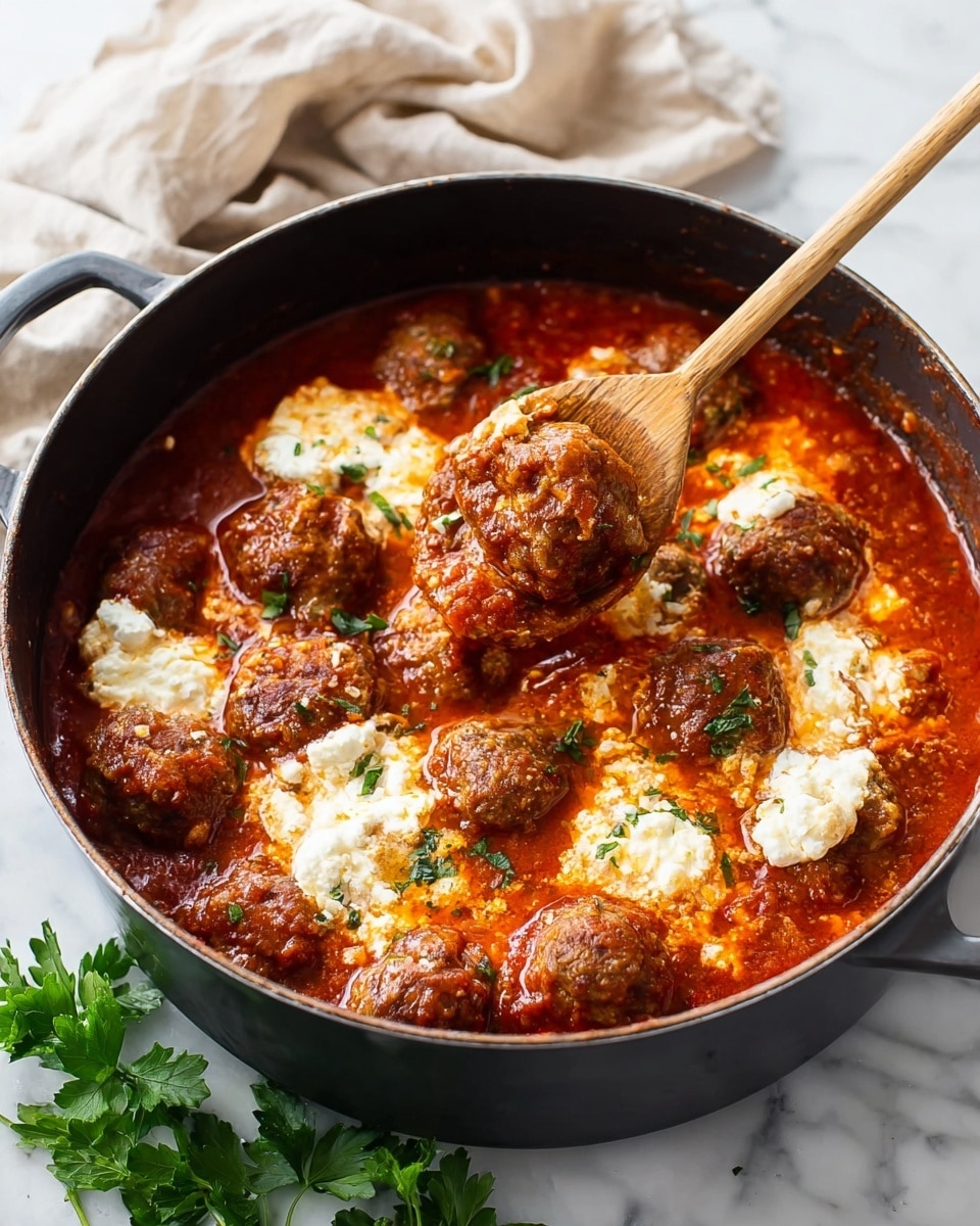 A large black pot filled with several browned meatballs sitting in thick, bright red tomato sauce, with dollops of melted white cheese scattered over the top. The sauce has a rich, slightly oily texture and is sprinkled with small green herb pieces. A wooden spoon with a light brown handle is lifting some of the sauce and meatballs, showing the mix of textures and colors. The pot rests on a white marbled surface with fresh green parsley leaves placed nearby and a soft beige cloth in the background. photo taken with an iphone --ar 4:5 --v 7